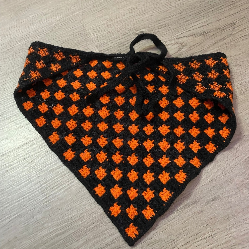Crochet Bandana Womens OS Orange Black Checkerboard Knit Headscarf